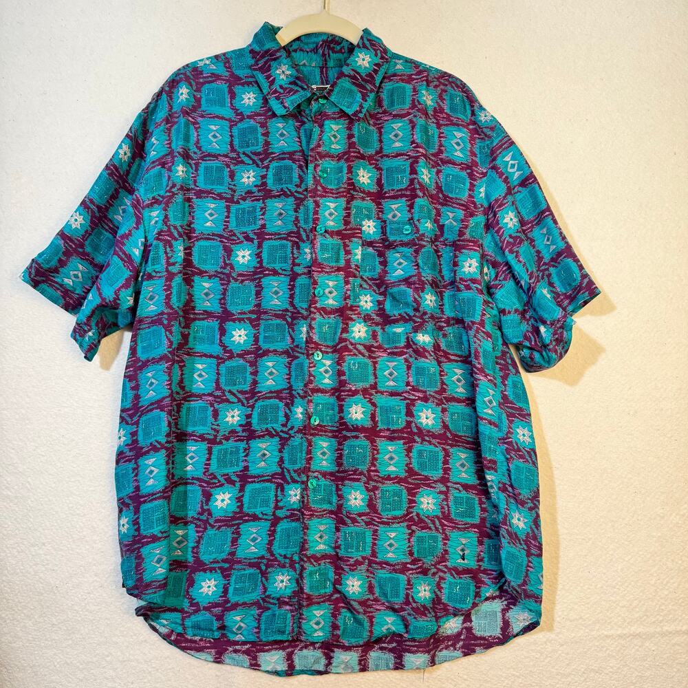 Creative Edge South Western Print Silk Button Up Blouse Size Large Short Sleeve